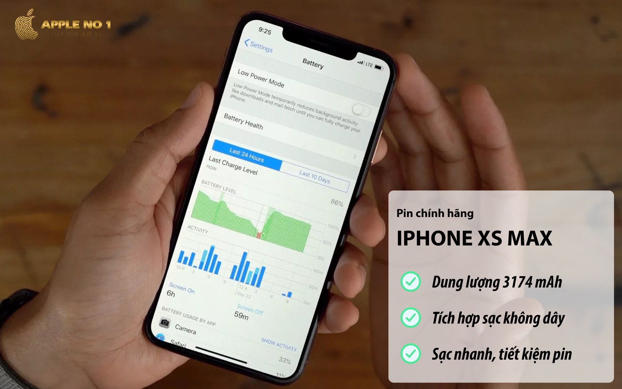 iPhone Xs Max sở hữu dung lượng pin 3174 mAh hỗ trợ sạc nhanh, sạc không dây